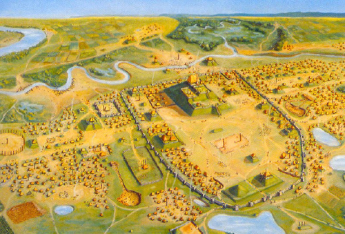 The different neighborhoods were organized by large clans. Rich people had their large houses on mounds. Other mounds served other purposes. (More on that later.)